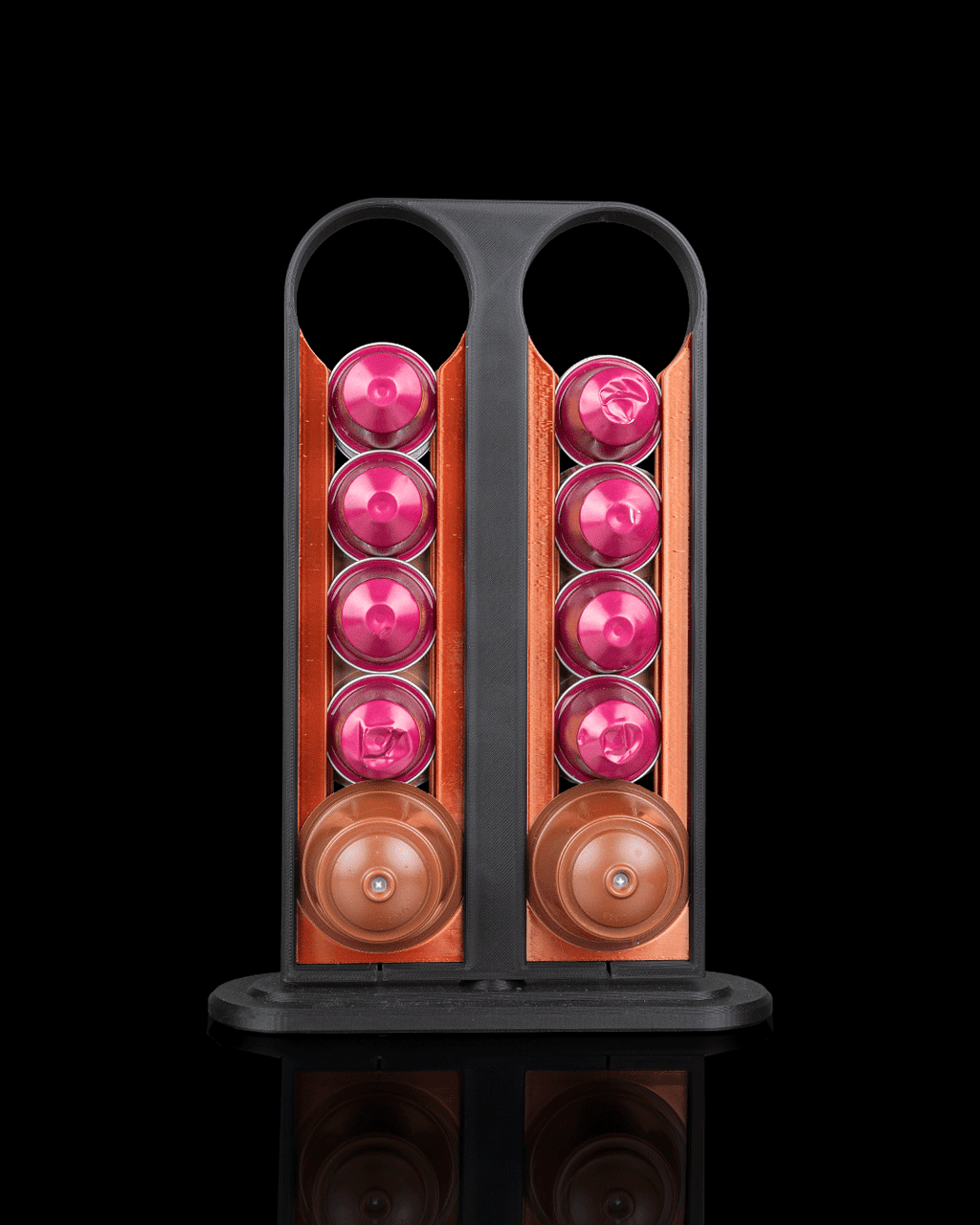 Brew Spin Pod Dispenser — 3D printed coffee pod holder, on a desk