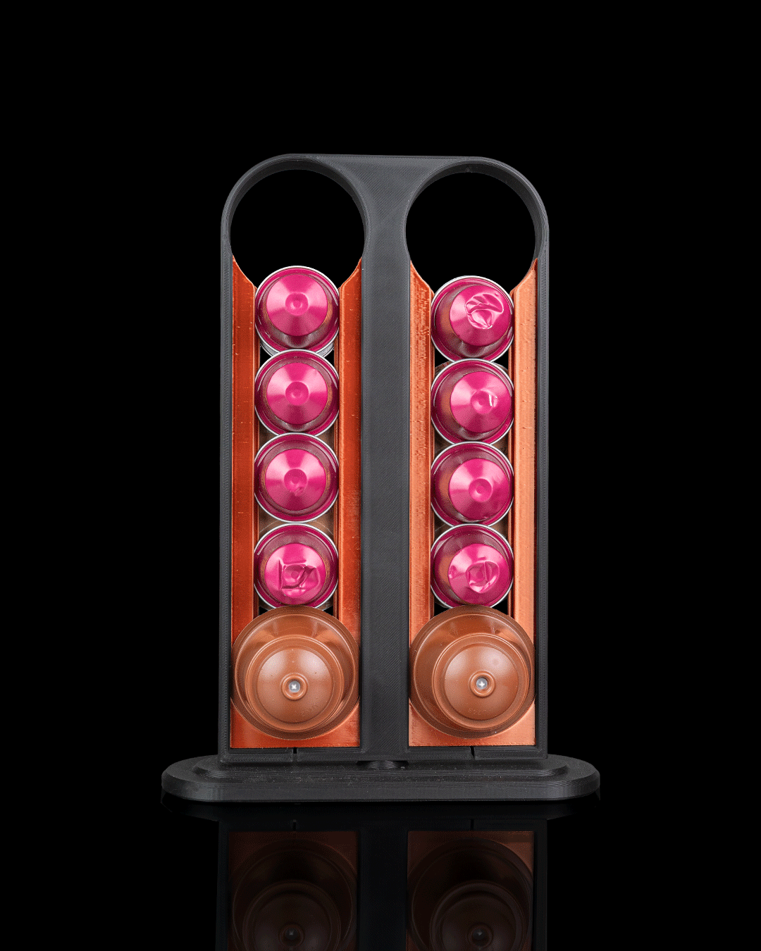 Brew Spin Pod Dispenser — 3D printed coffee pod holder, on a desk