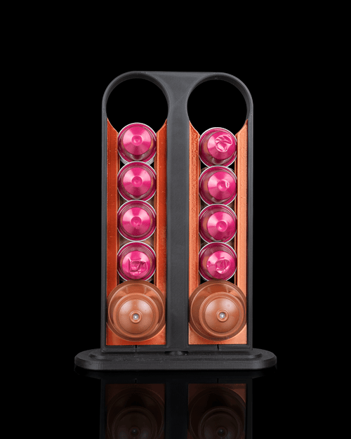 Brew Spin Pod Dispenser — 3D printed coffee pod holder, on a desk