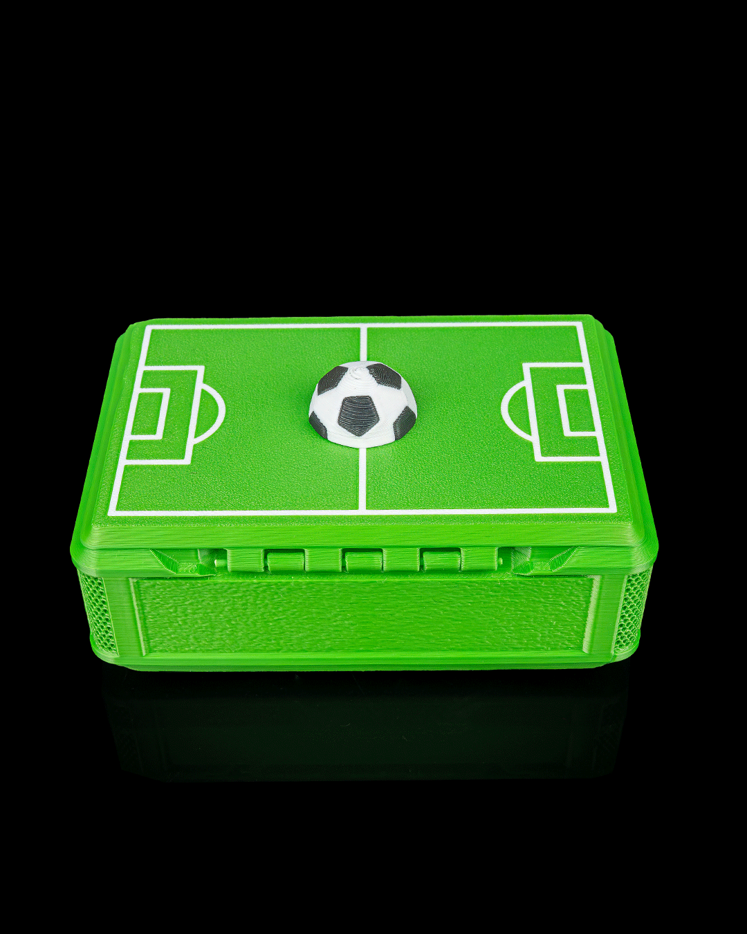 Collectors Pitch Sticker Box — 3D printed soccer gift, on a desk