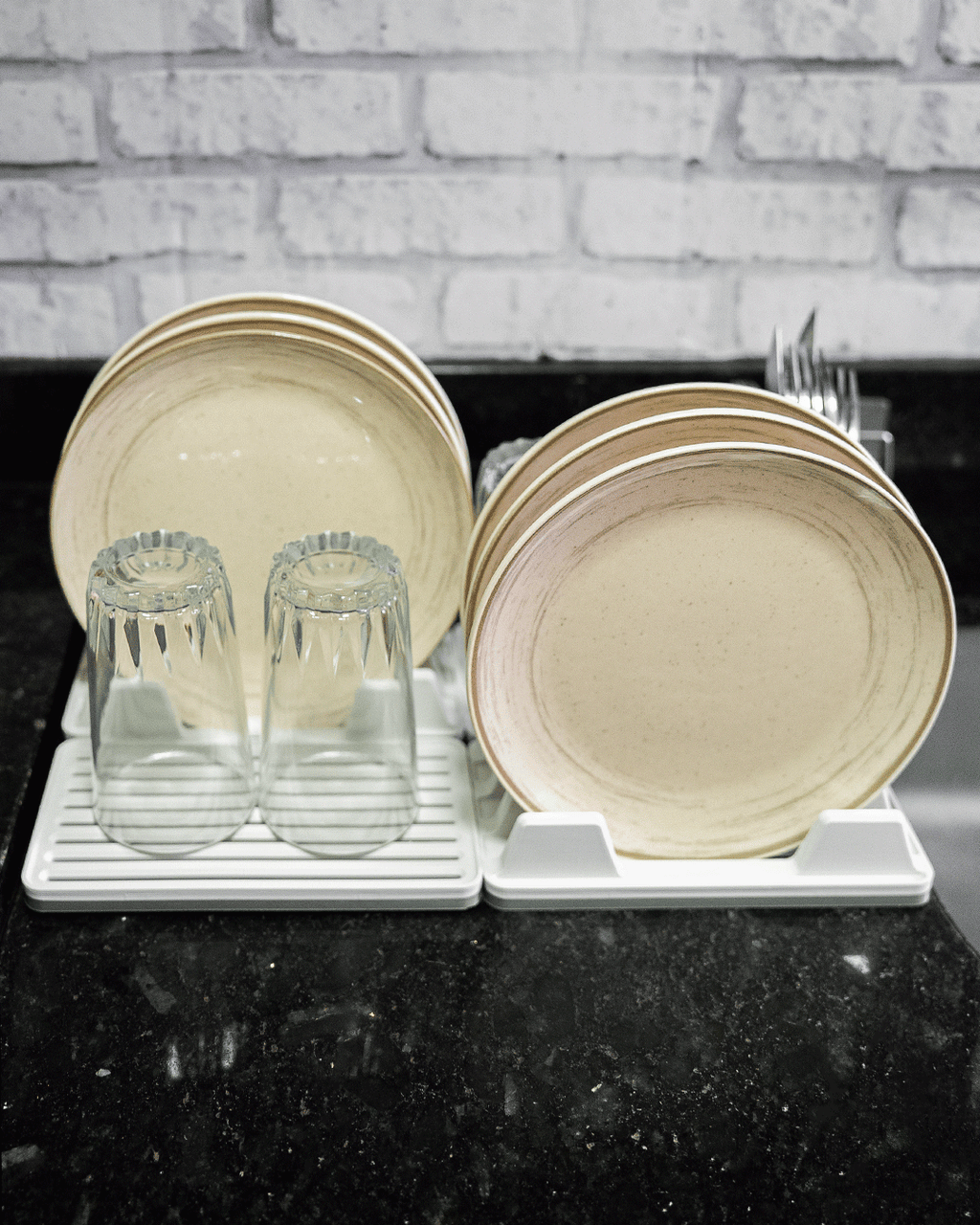 Double Plate Rack Kit — 3D printed kitchen organizer, shown in use