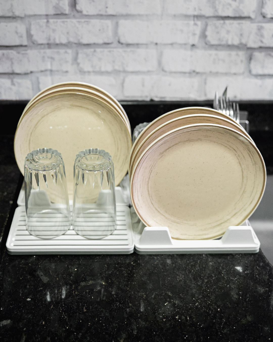 Double Plate Rack Kit — 3D printed kitchen organizer, shown in use