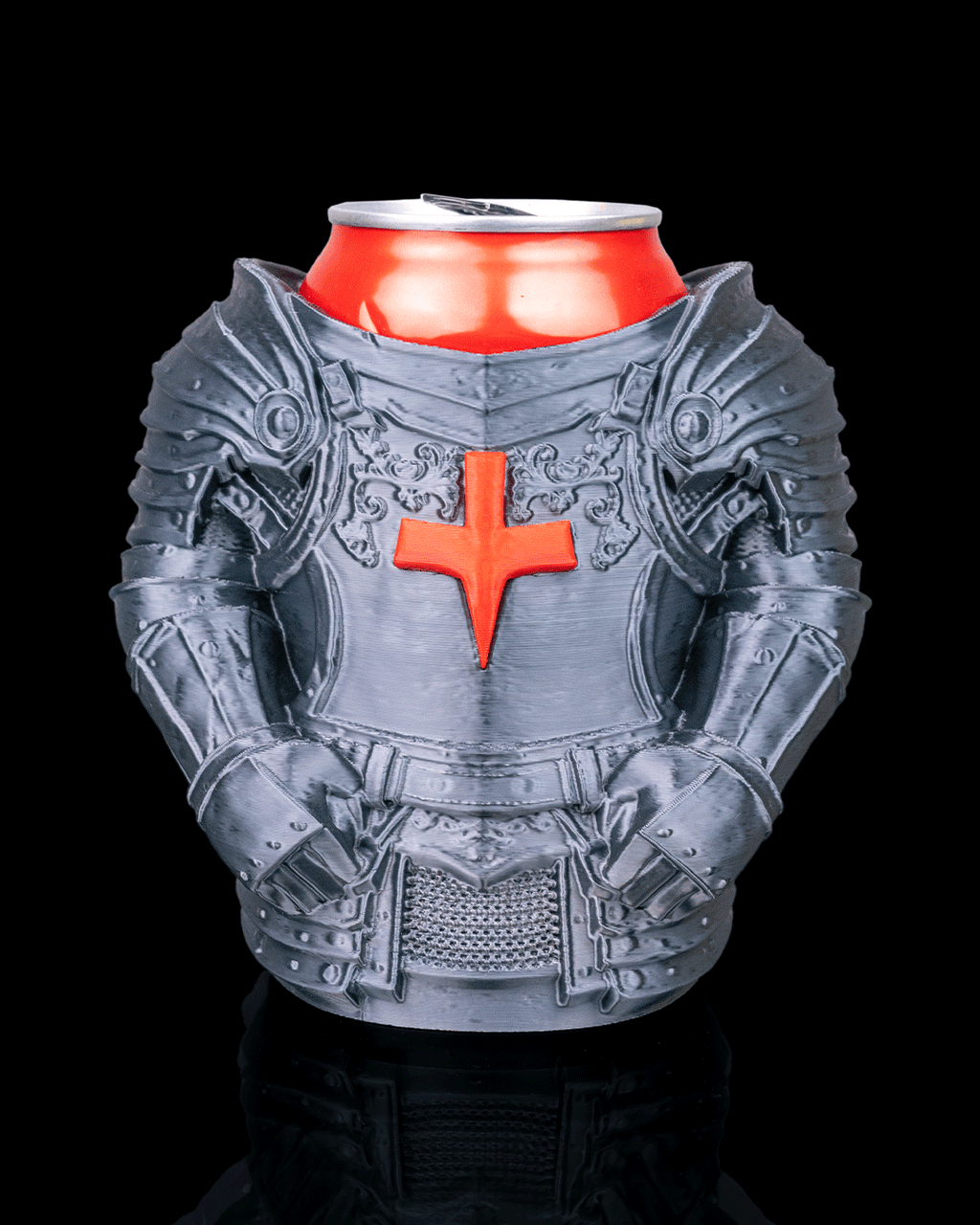 Knight Armor Can Holder — 3D printed can holder, on a desk