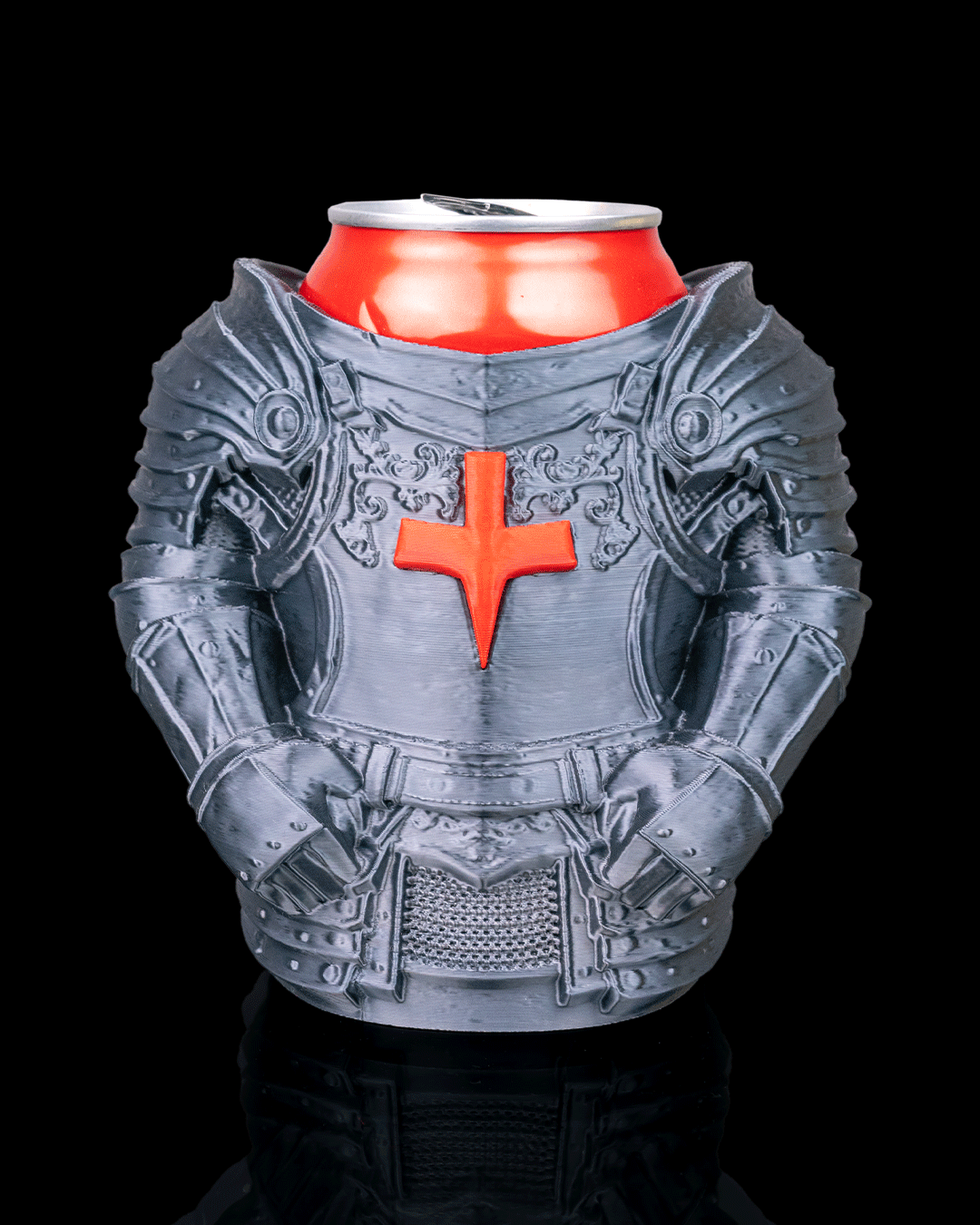Knight Armor Can Holder — 3D printed can holder, on a desk