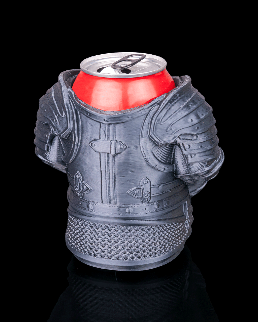 Knight Armor Can Holder — 3D printed can holder, shown in use