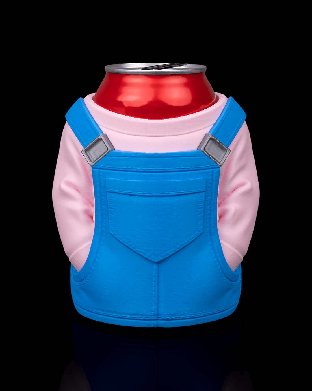 Overalls Can Holder — 3D printed can holder, on a desk