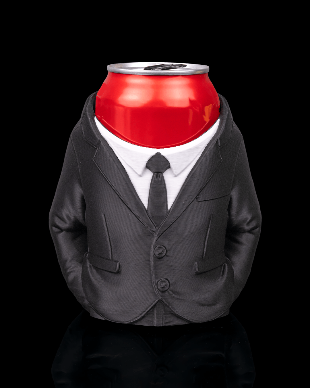 Suit Can Holder — 3D printed can holder, on a desk