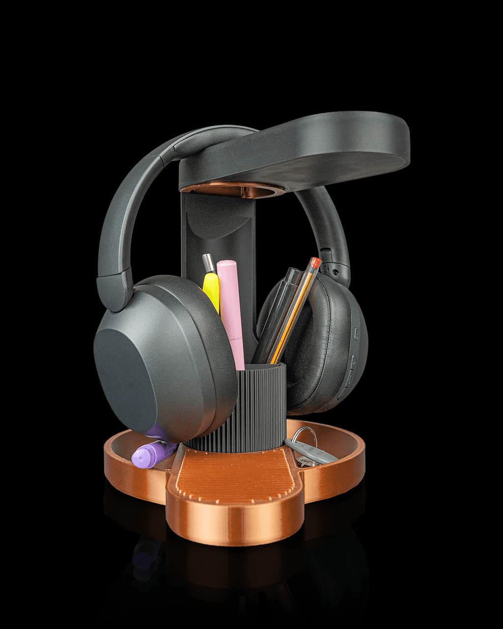 Tower Trio Headphone And Phone Holder — 3D printed headphone stand, shown in use