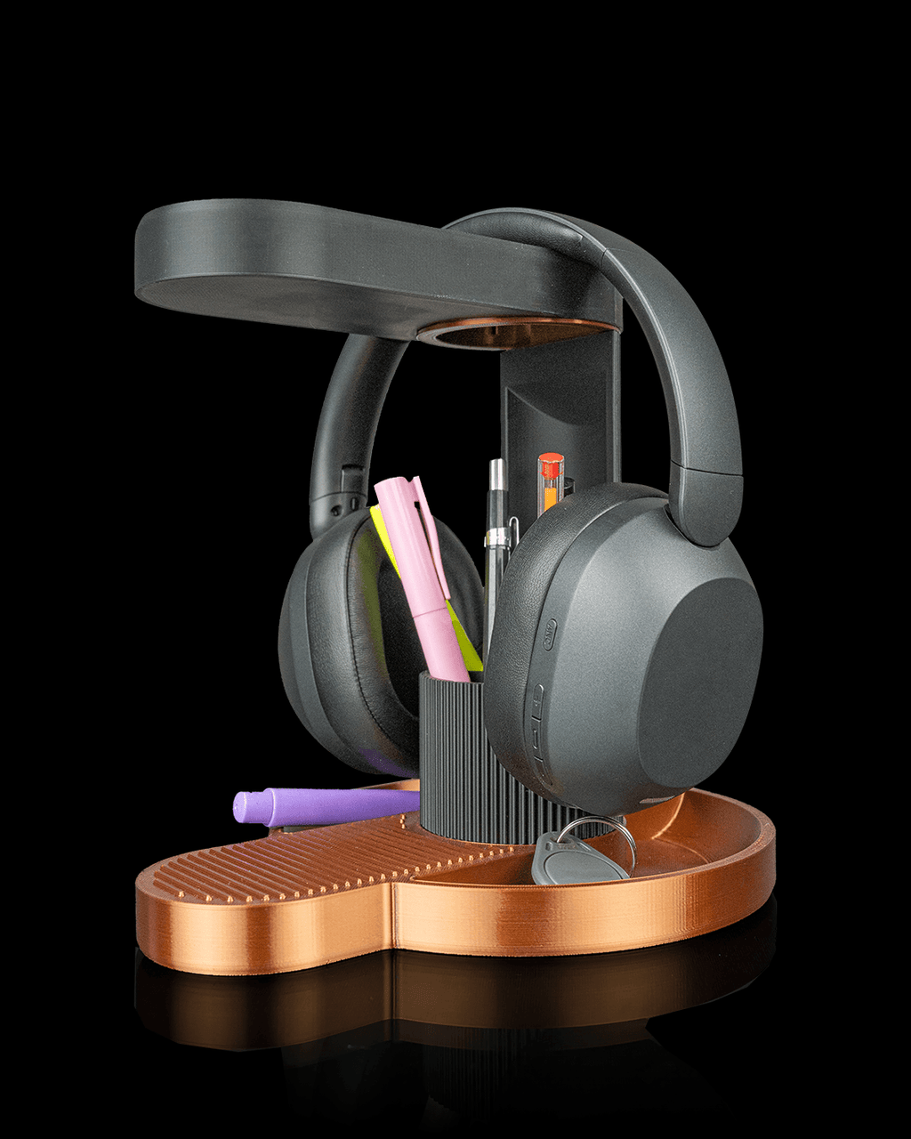 Tower Trio Headphone And Phone Holder — 3D printed headphone stand, side profile