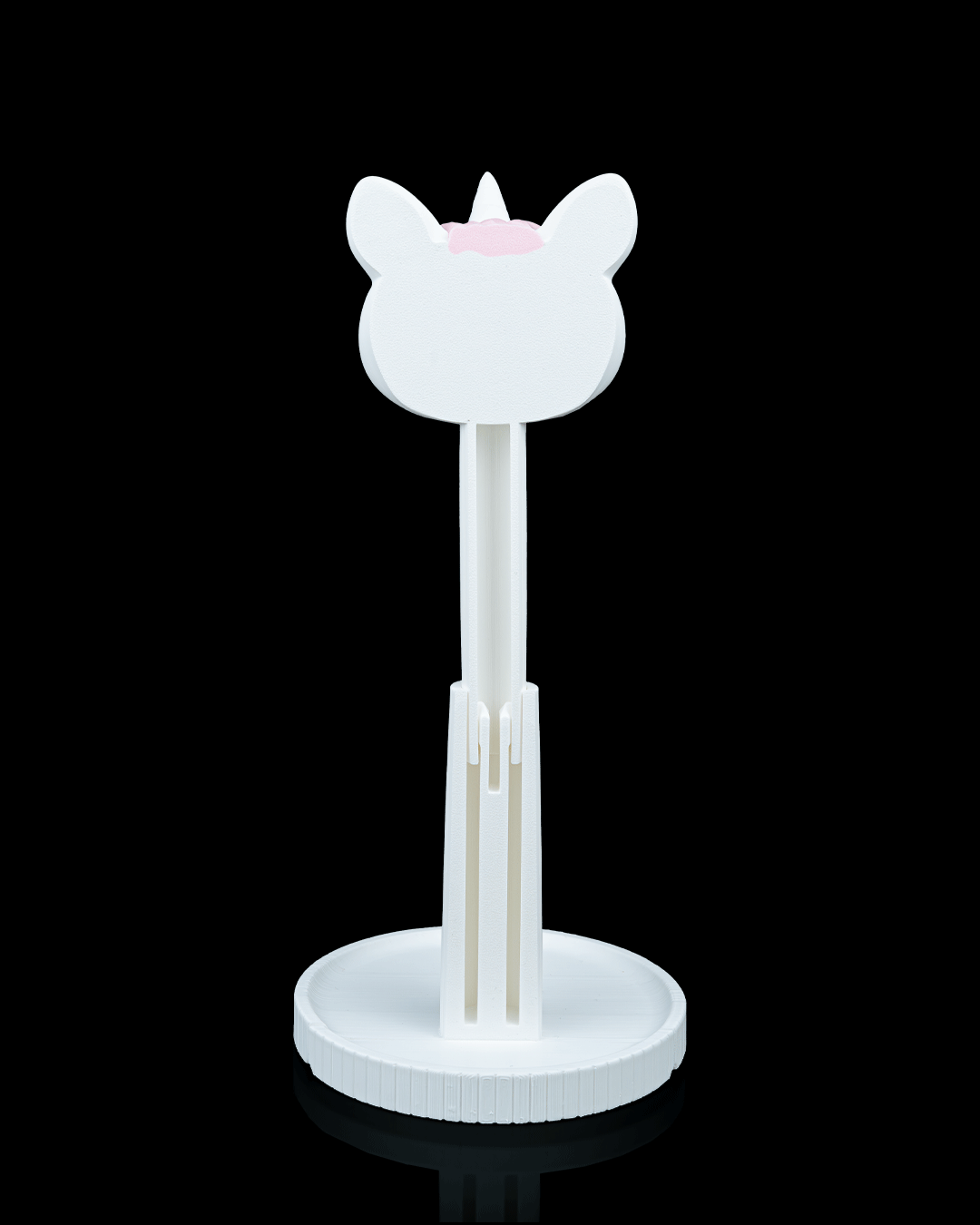 Unicorn Headset Holder — 3D printed headphone stand, shown in use