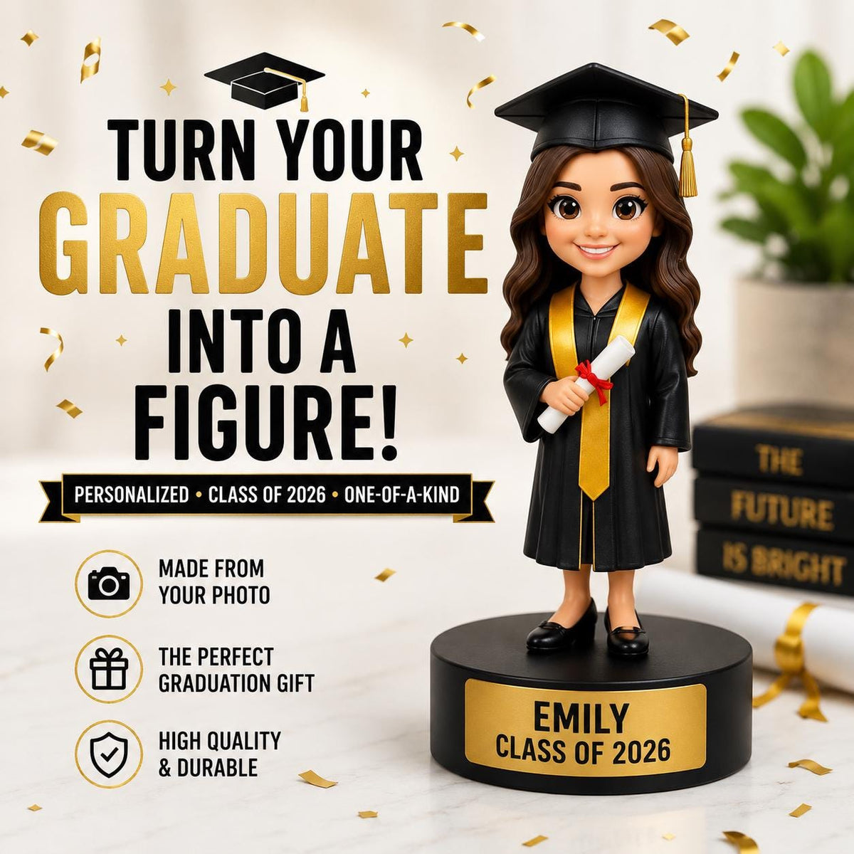 Custom graduation figure 3D printed from photo, personalized grad gift