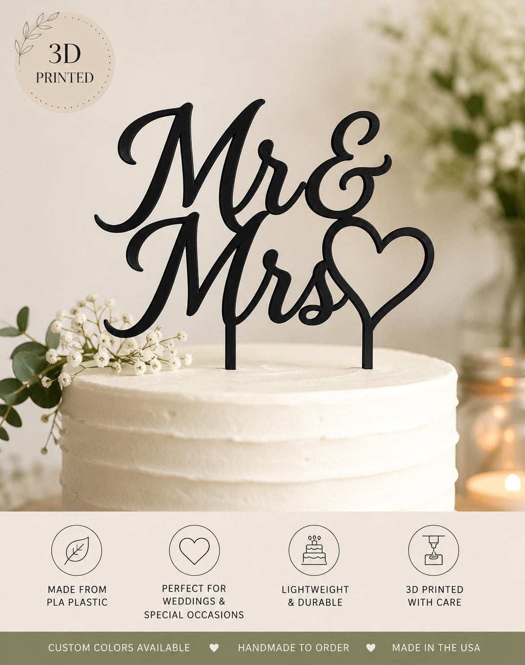 Custom Cake Toppers 10 Pc Set | Personalized 3D Printed Party Decor | Birthday, Wedding, Celebration