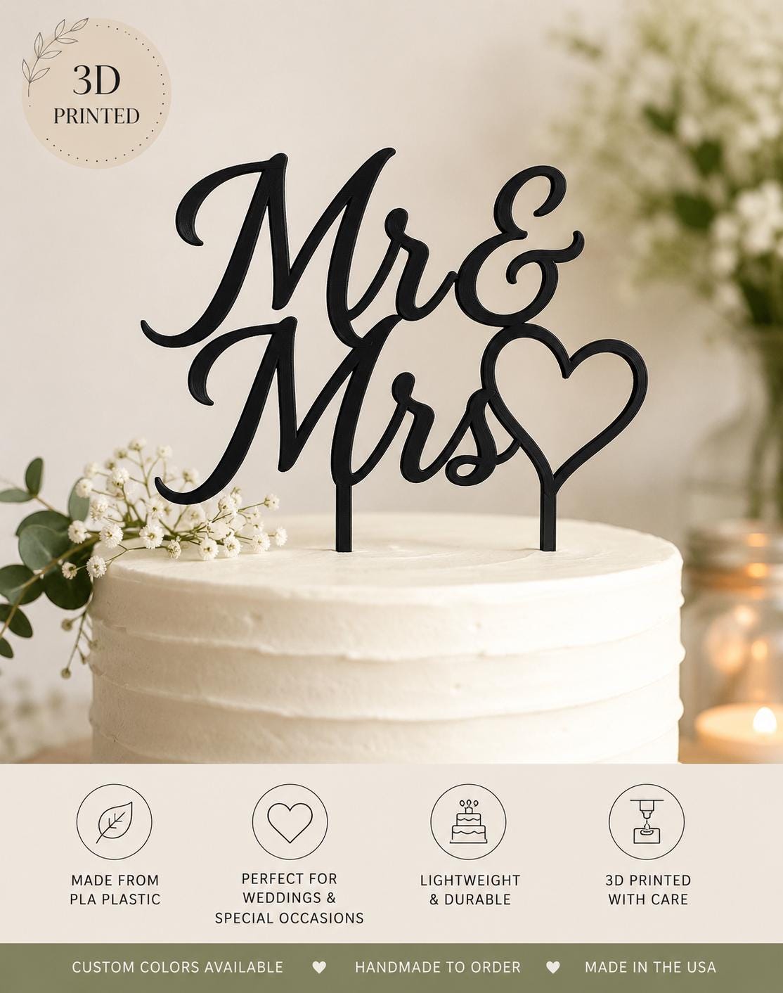 Custom Cake Toppers 10 Pc Set | Personalized 3D Printed Party Decor | Birthday, Wedding, Celebration