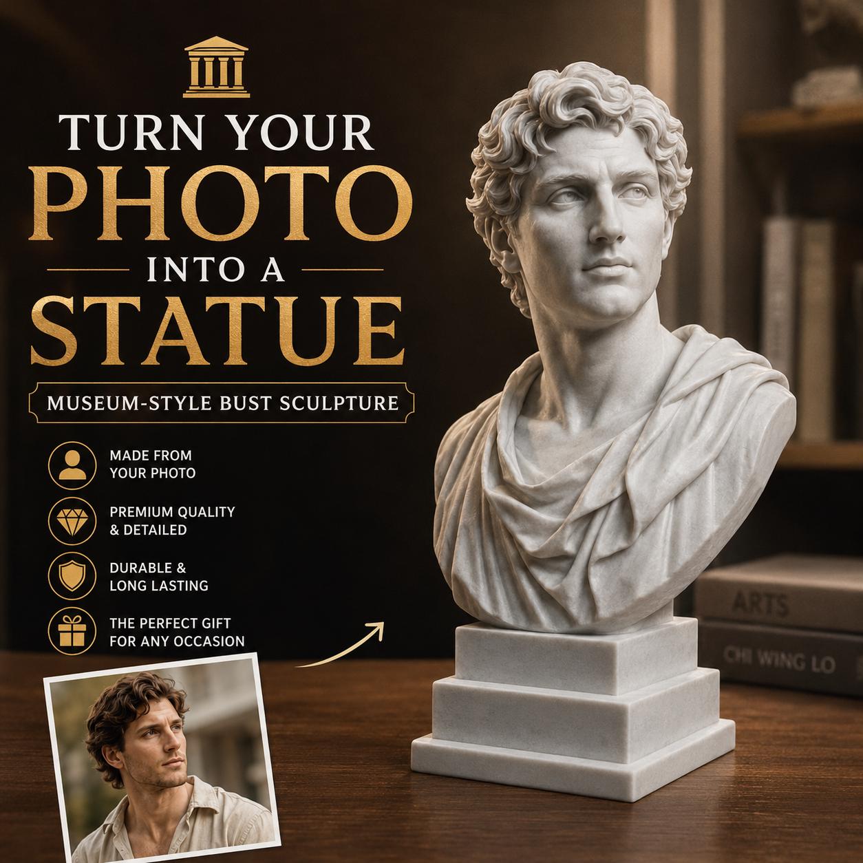 Custom Photo Statue | Personalized Mini Me 3D Printed Figurine, Museum Bust Sculpture