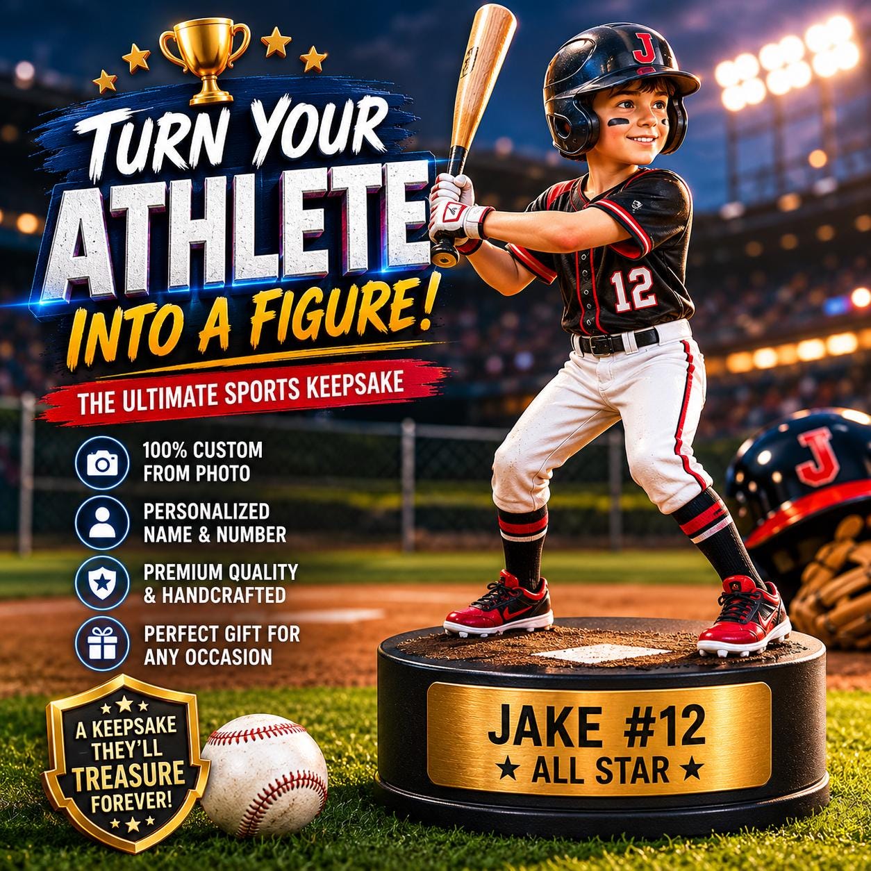 Custom Sports Figure From Photo | Personalized Athlete Keepsake, Name, Number